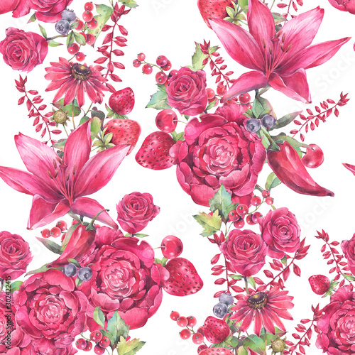 Seamless floral pattern of red flowers  and berries. Hand painted watercolor illustration. 