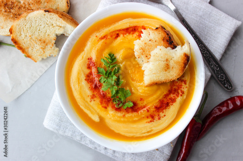 Pumpkin soup mashed potatoes with croutons