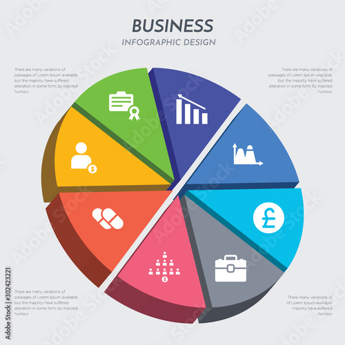 business concept 3d chart infographics design included personal loan, poison pill, ponzi scheme, portfolio, pound, poverty trap, precipice bonds, preference shares icons