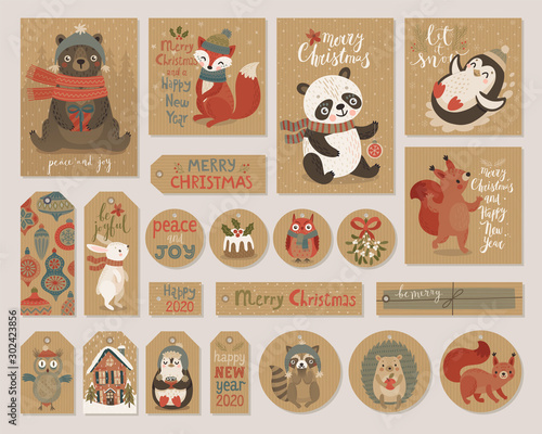 Christmas kraft paper cards and gift tags set, hand drawn style.