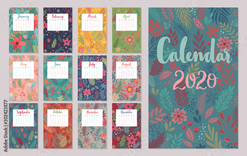 Calendar 2020. Monthly calendar with floral patterns. Hand drawn