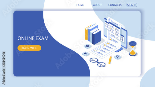 Landing page with design template for questionnaire form, online education survey. Online exam computer web app. Education, knowledge vector concept.