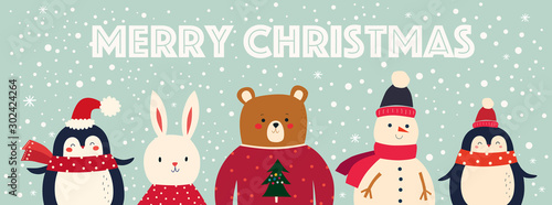 Vector Christmas banner with funny characters bear, snowman, penguin and bunny 