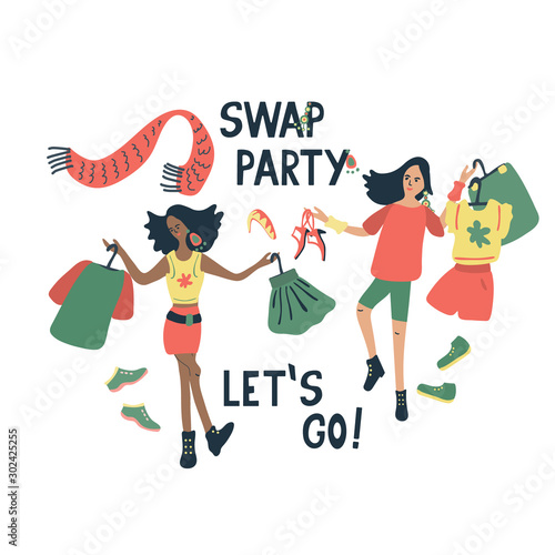 Swap party let's go! Vector illustration of young  women different ethnicity   with clothes,shoes and accessories for exchange.  Hand drawn illustration and lettering Isolated on white.