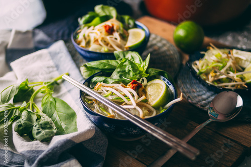 Tasty Vietnamese Pho soup with rice noodles and chicken