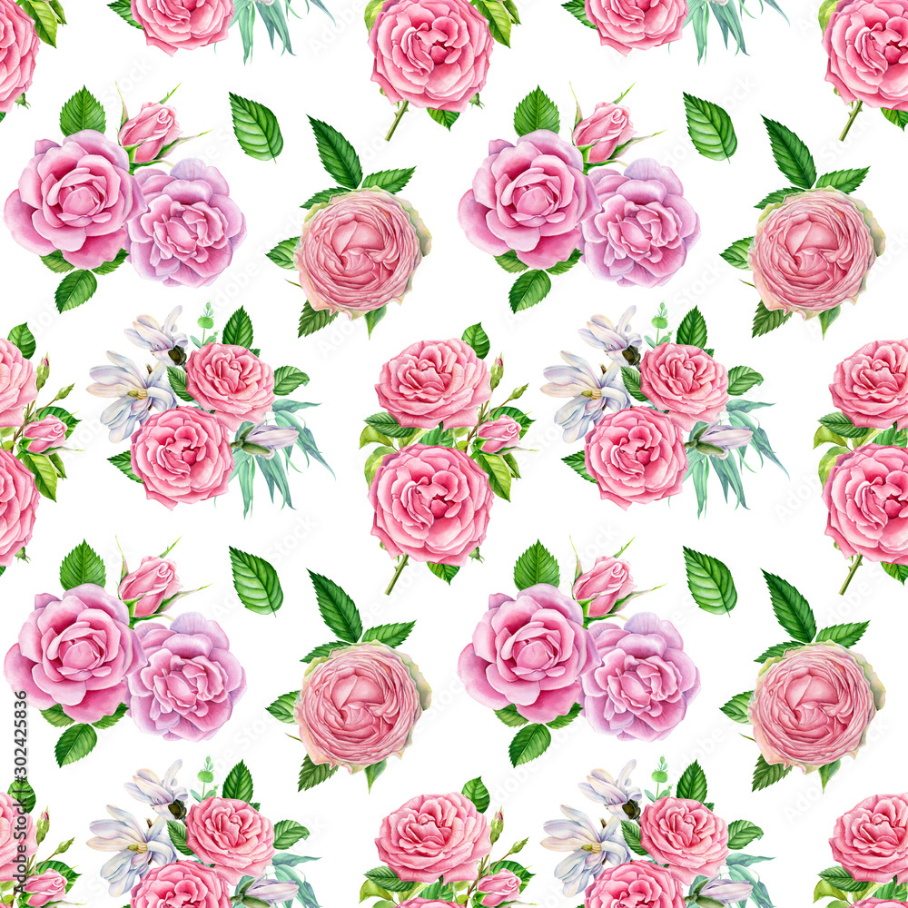 seamless pattern, flowers on a white background, roses, eucalyptus, magnolia, watercolor illustration seamless pattern, flowers on a white background, roses, eucalyptus, magnolia, watercolor illustration