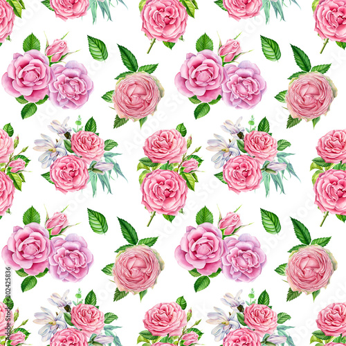 seamless pattern, flowers on a white background, roses, eucalyptus, magnolia, watercolor illustration