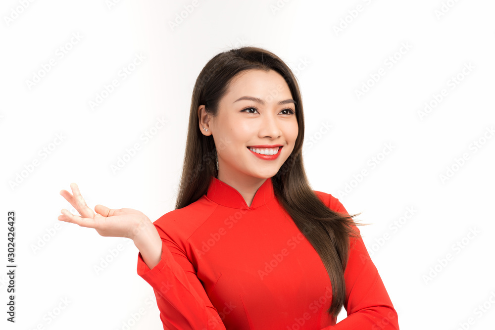 Vietnamese woman with open hand palm on background