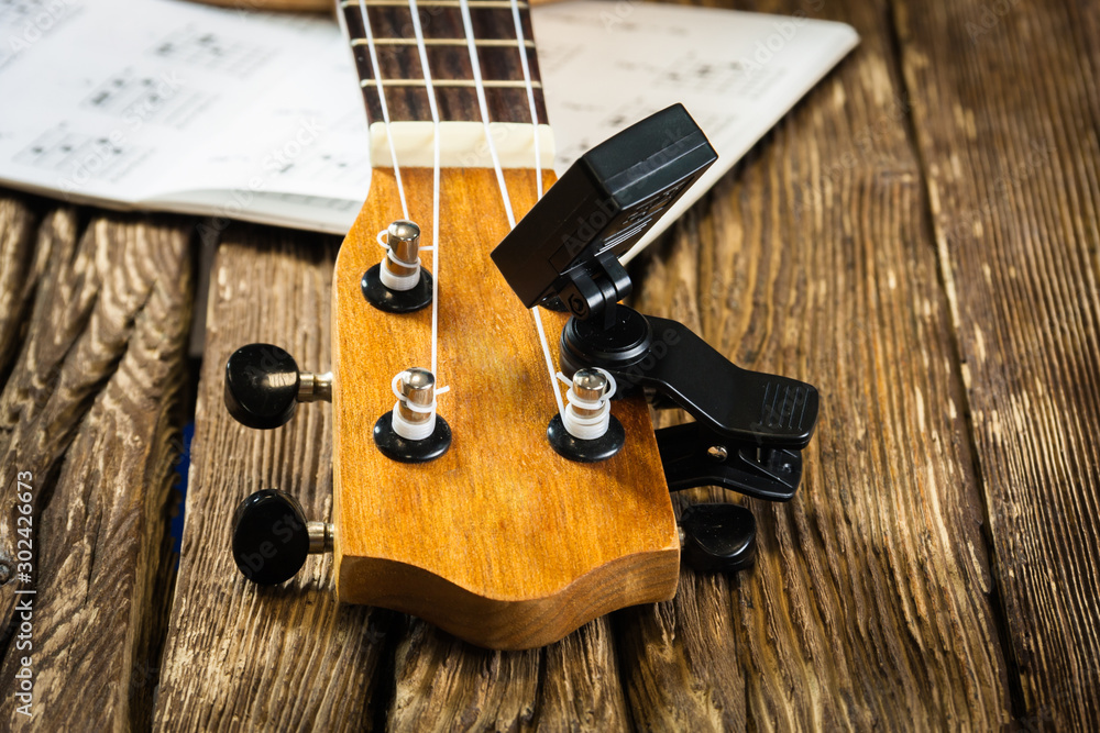 Fototapeta premium Ukulel with a reed on old boards