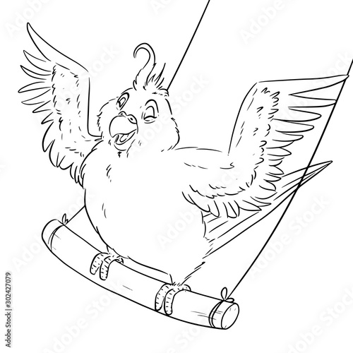 Cute comic style parakeet on swings with wings widely spread. Cartoon budgie on branch, adorable happy bird illustration