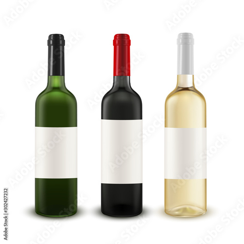 Realistic vector set of wine bottles of various colors of glass.