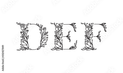 floral alphabet illustration, hand drawn vector font with isolated background