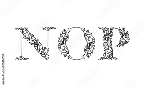 floral alphabet illustration, hand drawn vector font with isolated background