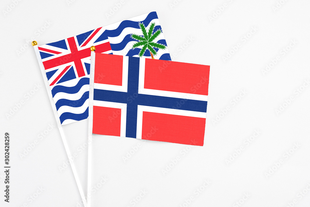 Fototapeta premium Bouvet Islands and British Indian Ocean Territory stick flags on white background. High quality fabric, miniature national flag. Peaceful global concept.White floor for copy space.