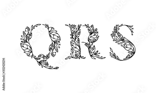 floral alphabet illustration, hand drawn vector font with isolated background
