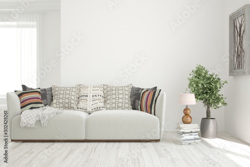 Stylish room in white color with sofa. Scandinavian interior design. 3D illustration