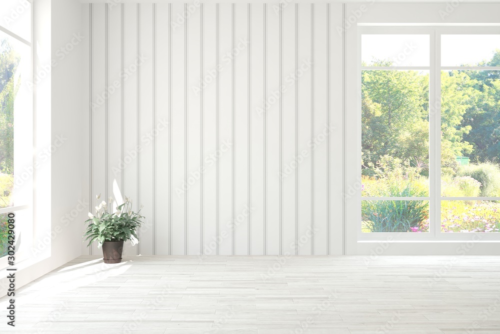 Stylish empty room in white color with summer landscape in window. Scandinavian interior design. 3D illustration Stylish empty room in white color with summer landscape in window. Scandinavian interior design. 3D illustration