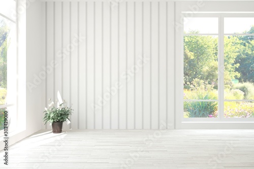 Stylish empty room in white color with summer landscape in window. Scandinavian interior design. 3D illustration