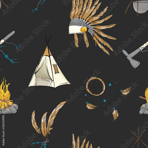Native american indian warior vintage bohemian pattern on black. Teepee, warbonnet, indian ax, dream catcher boho sioux tribal print. Nursery kids background