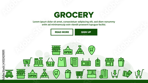 Grocery Shop Landing Web Page Header Banner Template Vector. Badge And Product List, Money And Bag, Basket And Grocery Market Store Illustration
