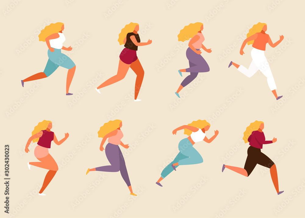 Running girl in various positions. Vector flat illustration