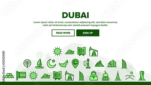 Dubai Landing Web Page Header Banner Template Vector. Sun And Desert, Boat And Flag, Gold And Oil, Dubai Map And Island Illustration