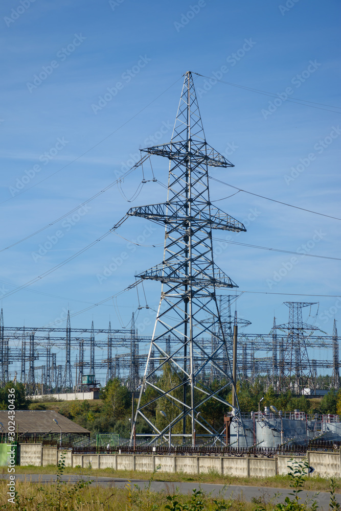 Electricity power pole for transmission lines network. Environment and energy concept Electricity power pole for transmission lines network. Environment and energy concept
