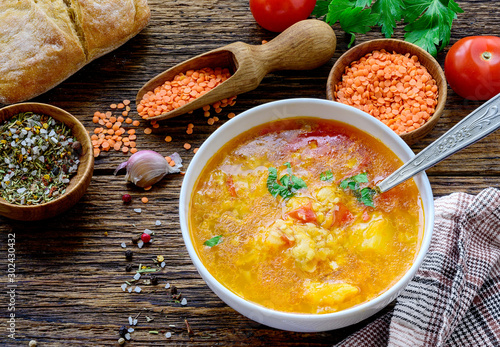 Red lentil soup in the bowl