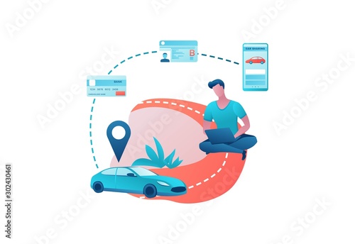 Carsharing service template, man rent car by smartphone, automobile share, businessman order ride, mobile app concept, driving license, bank card, transport sharing concept, flat vector design