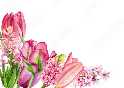 spring bouquet, flowers of roses, narcissus, tulips, hyacinths on a white background, watercolor illustration, card with space for text