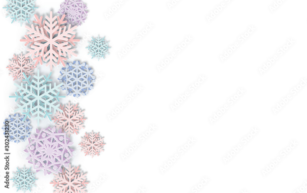 Vector cover with Paper cut art Snowflakes. Layered realistic snow flake winter 3D icons. Xmas, New Year header, business greeting card, invitation, article Vector cover with Paper cut art Snowflakes. Layered realistic snow flake winter 3D icons. Xmas, New Year header, business greeting card, invitation, article
