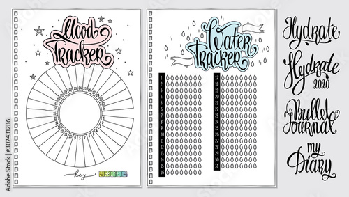Water tracker. Mood tracker blank with hand written cute numbers and lettering. Bullet journal template. Hydrate lettering. Habit tracker. photo