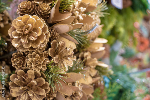 Fir Branch With Pine Cone And Snow Flakes - Christmas Holidays Background.