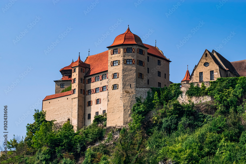 Views from the village of Harburg Castle and its impressive towers. Photography taken in Harburg, Bavaria, Germany.