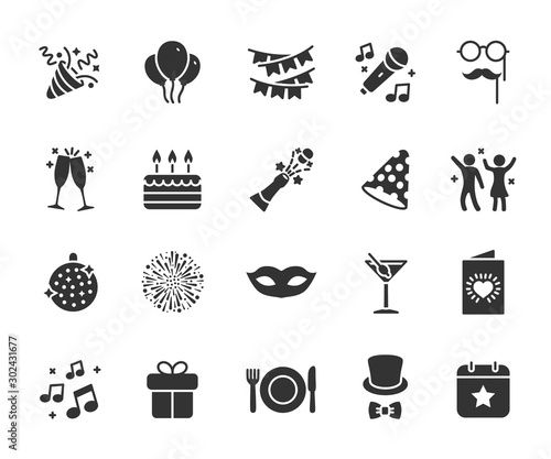 Vector set of party flat icons. Contains icons of firework, cake, karaoke, masquerade, champagne and more. Pixel perfect, scalable 24, 48, 96 pixels.
