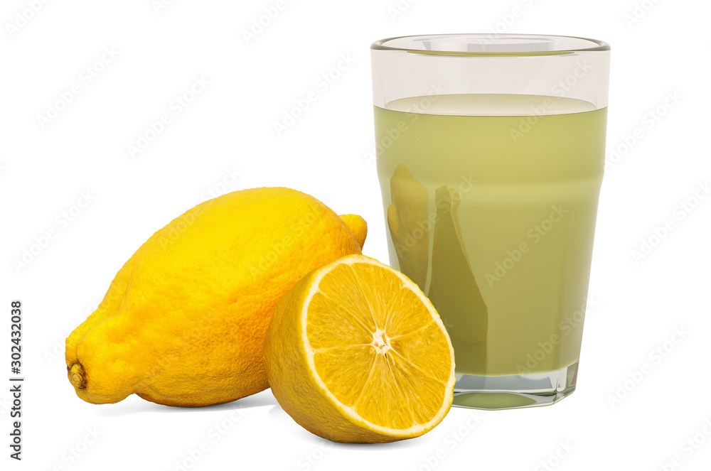Glass of lemon juice with lemons, 3D rendering Glass of lemon juice with lemons, 3D rendering