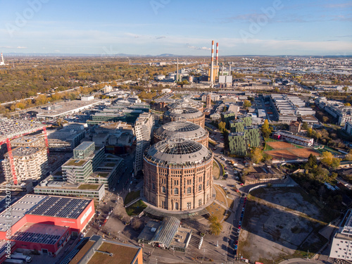 Photography Aerial drone shot of Old Gasometer buidlings in Vienna from up above