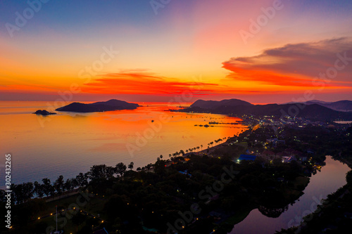 Aerial view of Sattahip city with twilight sky, Thailand