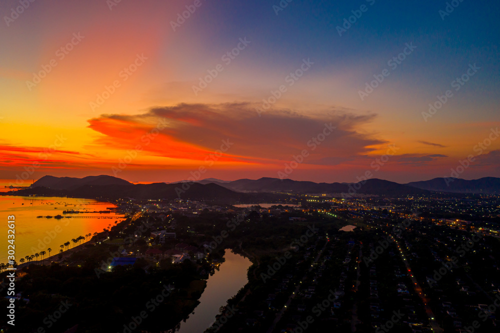 Fototapeta premium Aerial view of Sattahip city with twilight sky, Thailand