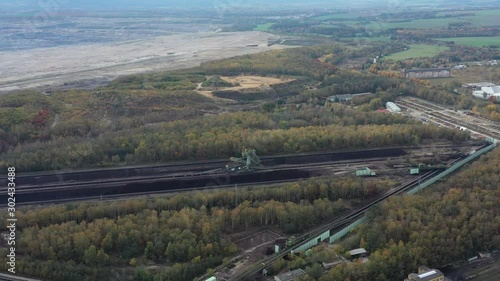 Aerial view of huge open pit brown coal mine (lignite coal quarry), fossil fuel open-cast mining facility - landscape panorama of Turow from above, Bogatynia, Poland, Europe photo