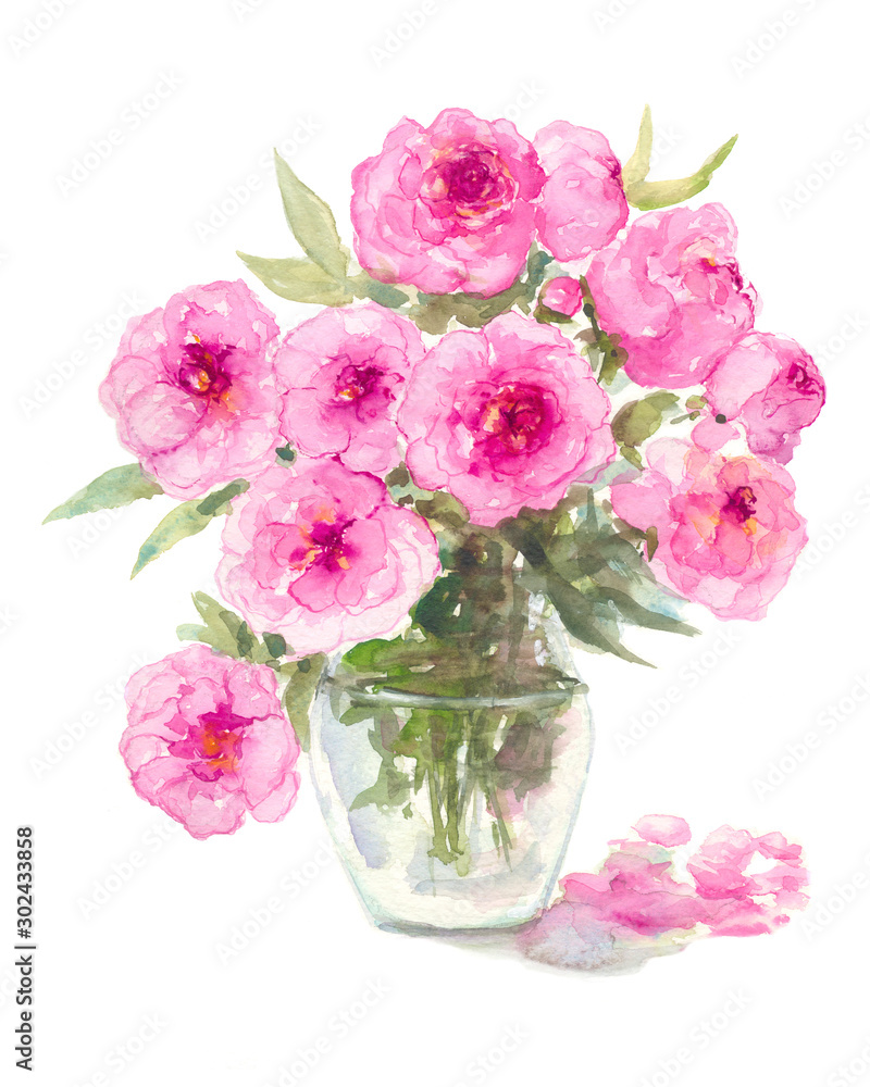 pink rose flower watercolor painting on isolated white background  still life in vase hand painted Illustration wall art poster 
