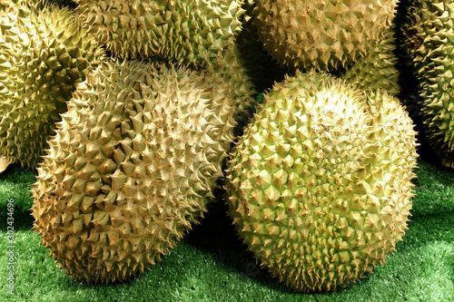 Ripe durians placed on the stall for sale