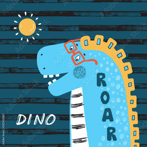 T-shirt print design for kids fashion with Cute Dinosaur in glasses. Summer card with Hand drawn doodle Cheerful Dinosaur. Cartoon Animal vector illustration. Print or Poster for Children