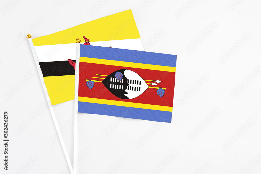 Swaziland and Brunei stick flags on white background. High quality fabric, miniature national flag. Peaceful global concept.White floor for copy space. Swaziland and Brunei stick flags on white background. High quality fabric, miniature national flag. Peaceful global concept.White floor for copy space.