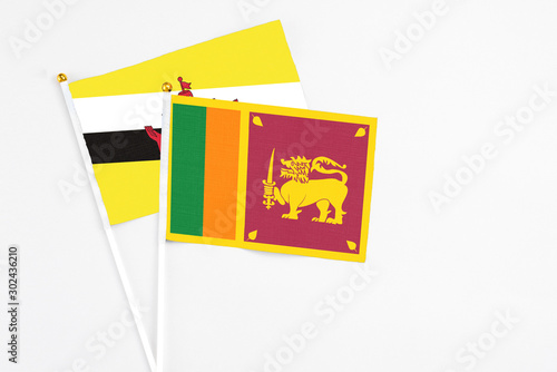 Sri Lanka and Brunei stick flags on white background. High quality fabric, miniature national flag. Peaceful global concept.White floor for copy space.