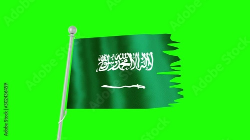 Flag Saudi Arabia chroma key. Flagpole. Flag on green background 4k, full HD. A ragged flag fluttershy in the wind on the flagpole. Background, chromakey photo