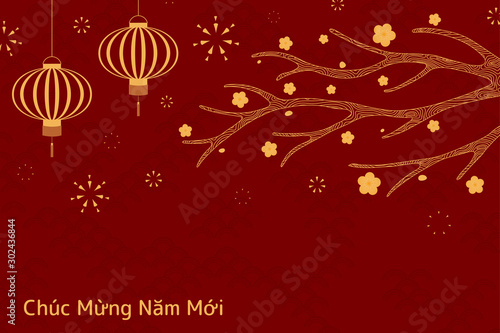 Hand drawn vector illustration for Tet with fireworks, lanterns, apricot tree branch, Vietnamese text Happy New Year, golden on red background. Flat style design. Concept holiday card, poster, banner.