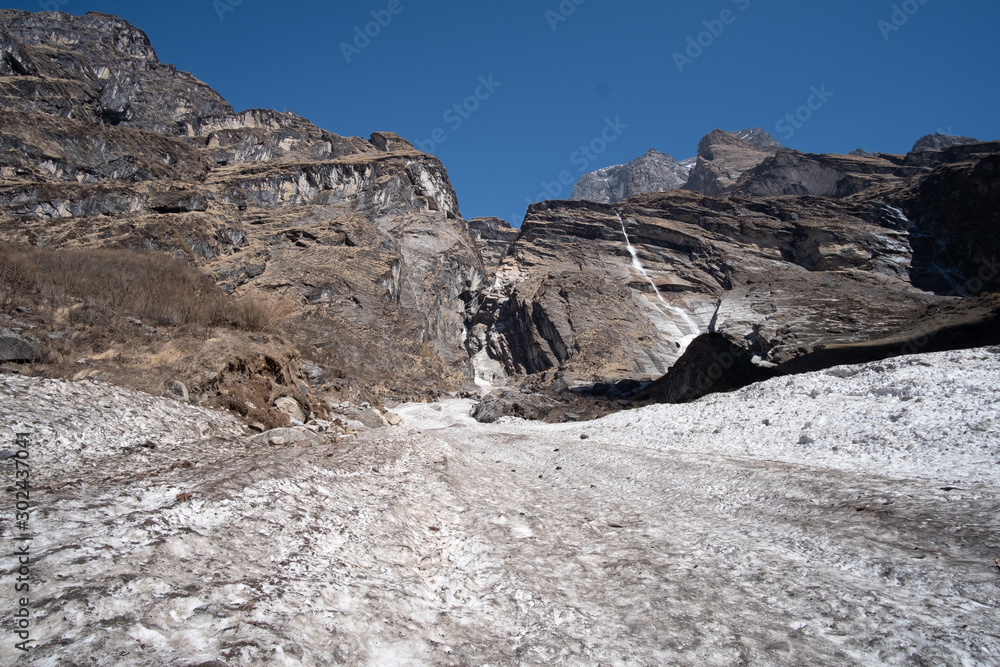 Cruel path,Snow in Himalaya Annapurna mountain base camp, Nepal.