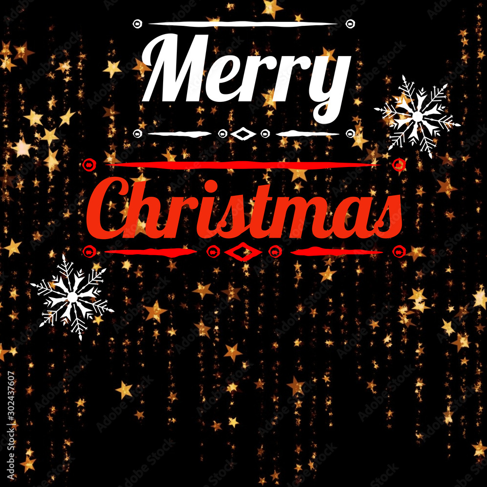 Illustration with Merry Christmas written in English language, with stars and decorations. Christmas model for web, wallpaper, digital graphics, packaging, objects, gifts and decorations.