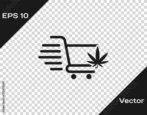 Grey Shopping cart with marijuana or cannabis leaf icon isolated on transparent background. Online buying. Delivery service. Supermarket basket. Vector Illustration